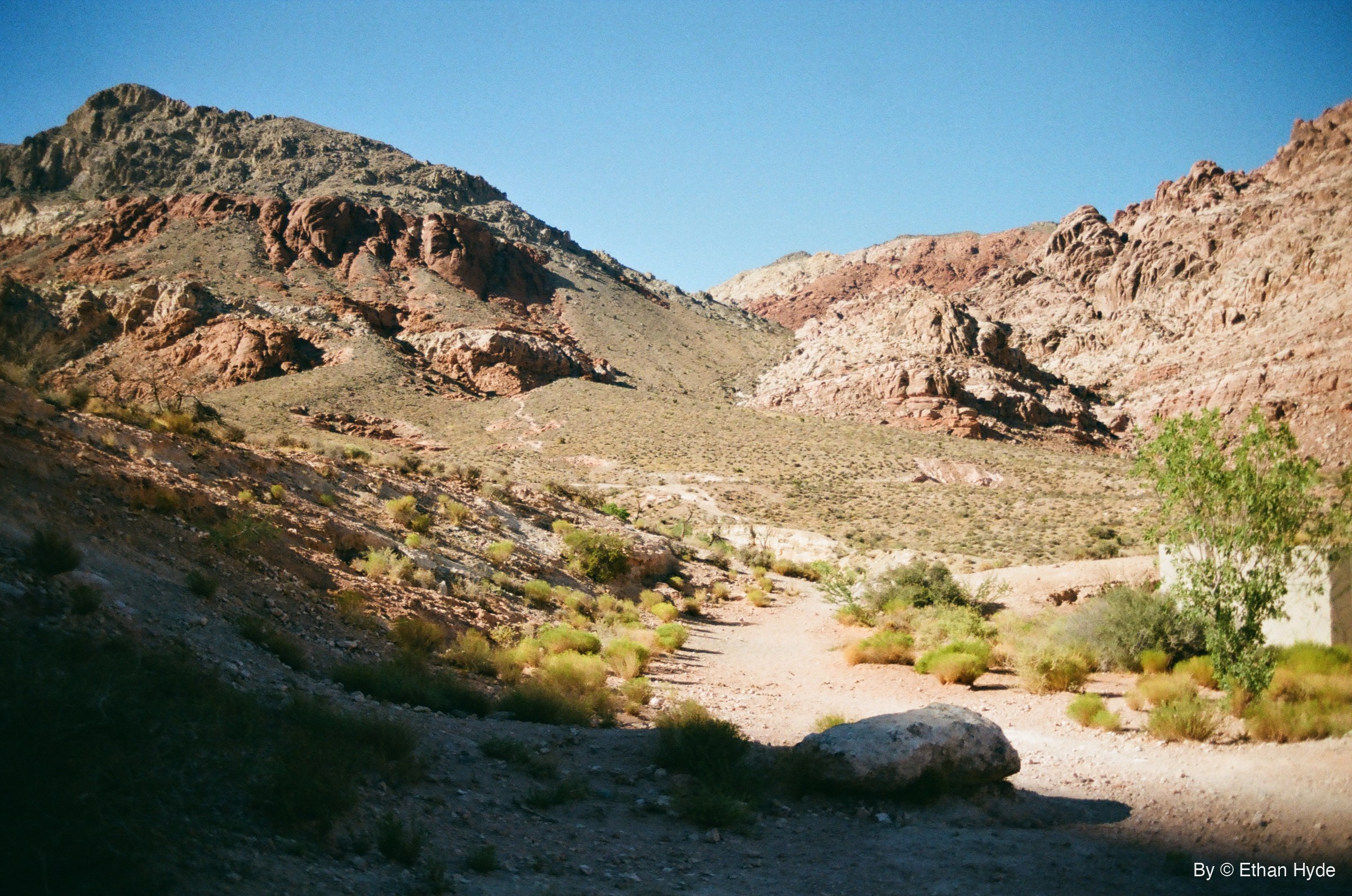 A sandy wash winding between red and grey sandstone hills at Red Rock Canyon National Conservation Area, Nevada, shot on film.