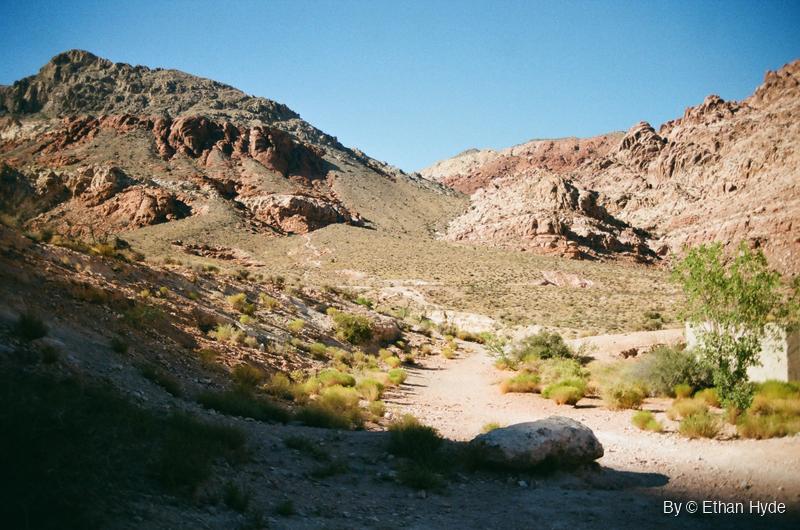 A sandy wash winding between red and grey sandstone hills at Red Rock Canyon National Conservation Area, Nevada, shot on film.