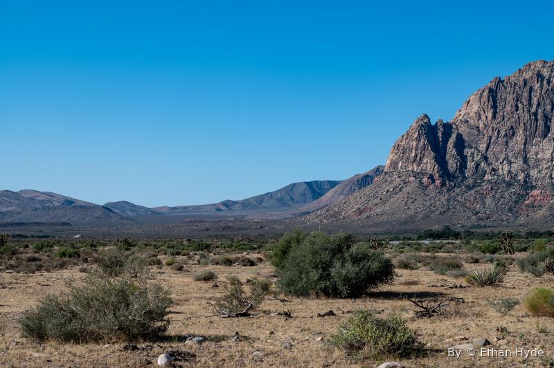 The layered escarpment of Red Rock Canyon rising over desert scrub.