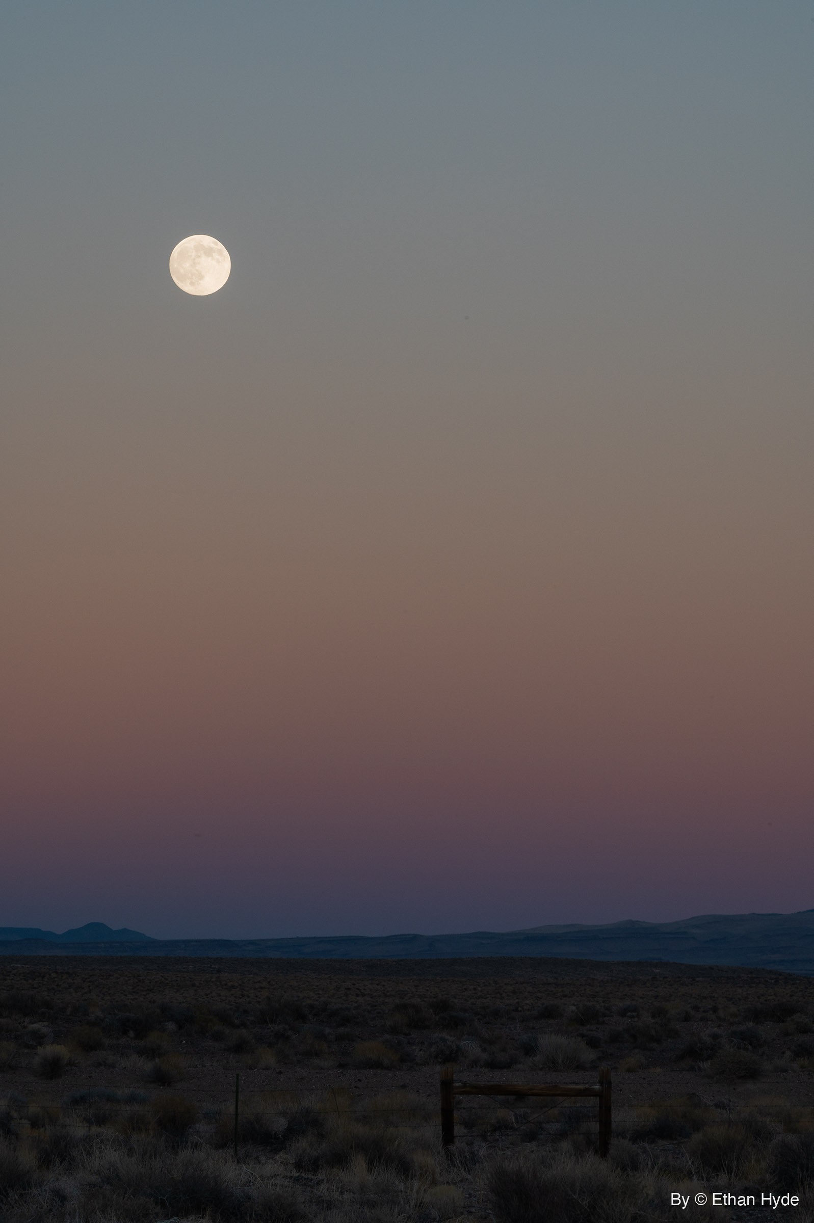 Vertical frame of a near-full moon in a dusk sky fading from blue-gray to pink over distant hills and dark sagebrush, with a wooden fence brace in front.