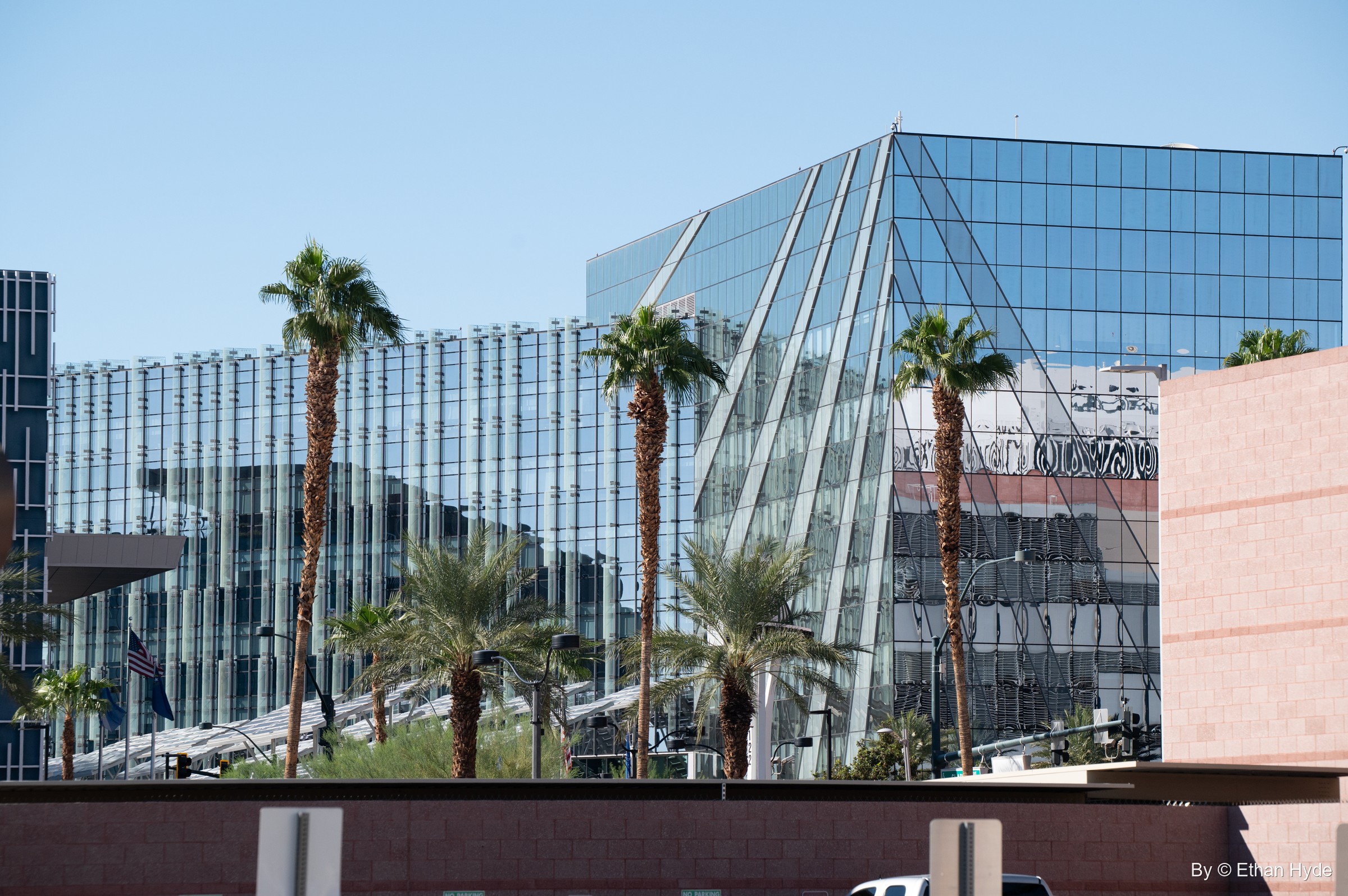 Angled glass curtain walls of a modern downtown building behind a row of palm trees under a clear sky.