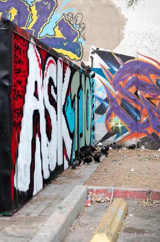 Big white graffiti letters spell ASK along a black fence, with black birds at its base and a purple piece on the wall beyond.