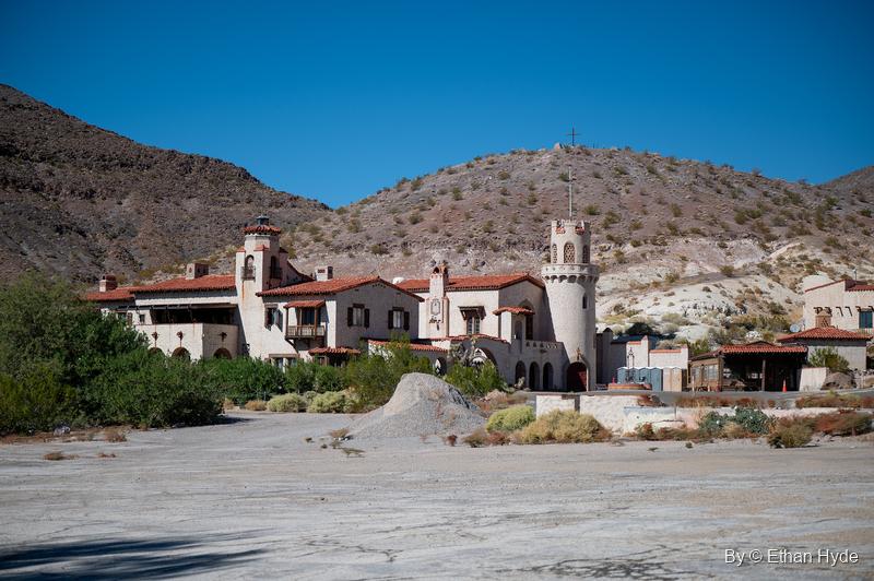 Scotty's Castle (Death Valley Ranch), a Spanish Colonial Revival villa of stucco walls and red tile roofs in Grapevine Canyon, Death Valley National Park.
