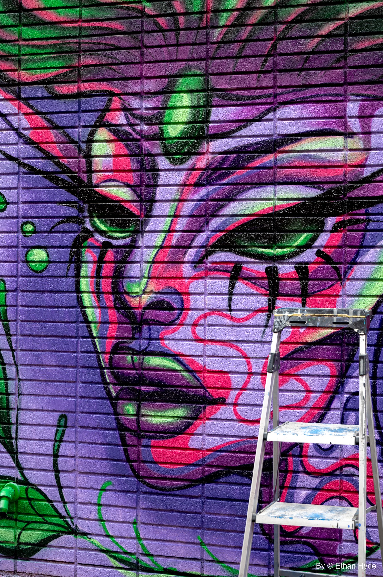 A purple, pink and green face with glowing green eyes painted across a roll-up metal shutter, a stepladder in front.